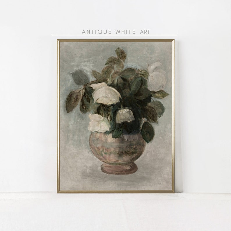 May include: A framed painting of a bouquet of white flowers in a pink and white vase. The flowers are painted in a realistic style with a soft, muted palette.