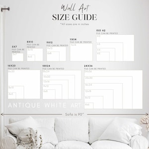 May include: A wall art size guide displaying rectangular dimensions in inches, such as 5x7, 8x10, 9x12, 11x14, 16x20, 18x24, and 24x36. The guide includes the text "Wall Art Size Guide" and "Antique White Art". The sofa is 228.6 cm.