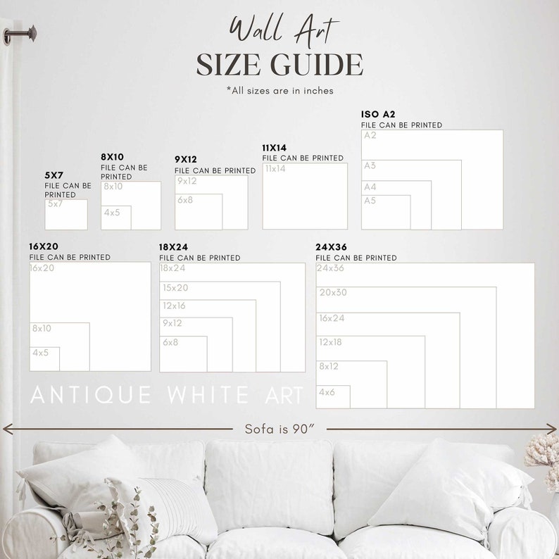 May include: A wall art size guide displaying rectangular dimensions in inches, such as 5x7, 8x10, 9x12, 11x14, 16x20, 18x24, and 24x36. The guide includes the text "Wall Art Size Guide" and "Antique White Art". The sofa is 228.6 cm.