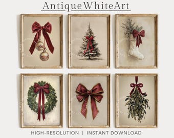 May include: Six framed vintage-style Christmas prints. Each print features a different holiday image, including a red bow, Christmas tree, stocking, wreath, and mistletoe. The prints have a neutral background and gold frames.