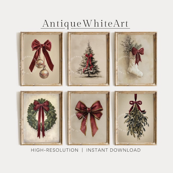 Vintage Christmas Prints: Gallery Set of 6, Christmas Tree & Red Bow  Wall Art | S157