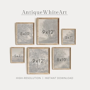 May include: A collection of six framed landscape prints in various sizes, including 8x10 inches and 9x12 inches. The prints feature grayscale scenes with trees and fields, set within gold-colored frames. The text "Antique WhiteArt" is at the top.
