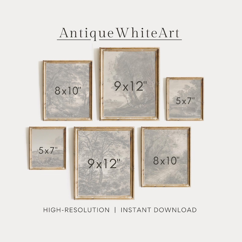 May include: A collection of six framed landscape prints in various sizes, including 8x10 inches and 9x12 inches. The prints feature grayscale scenes with trees and fields, set within gold-colored frames. The text "Antique WhiteArt" is at the top.