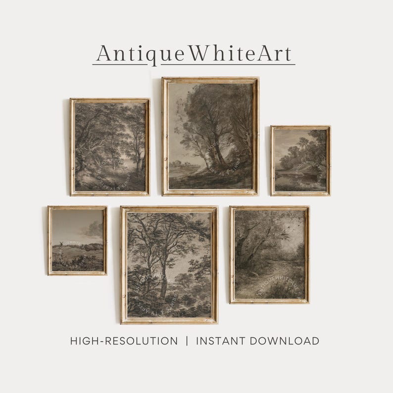 May include: A collection of six framed landscape art prints in sepia tones. The prints depict trees, fields, and waterways. The text "Antique White Art" is at the top, with "HIGH-RESOLUTION | INSTANT DOWNLOAD" at the bottom.