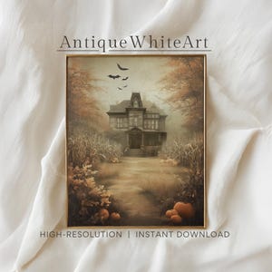 Haunted House Halloween Print, Vintage Spooky Fall Wall Art, Gothic Autumn Decor, Pumpkin Path Illustration, Dark October Printable Art A544