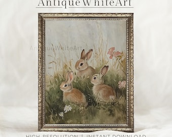 Printable Wall Art, Easter Bunnies, Classy Easter Decor Print, Moody Spring Painting, Rustic Spring Pints, Instant Download | A413