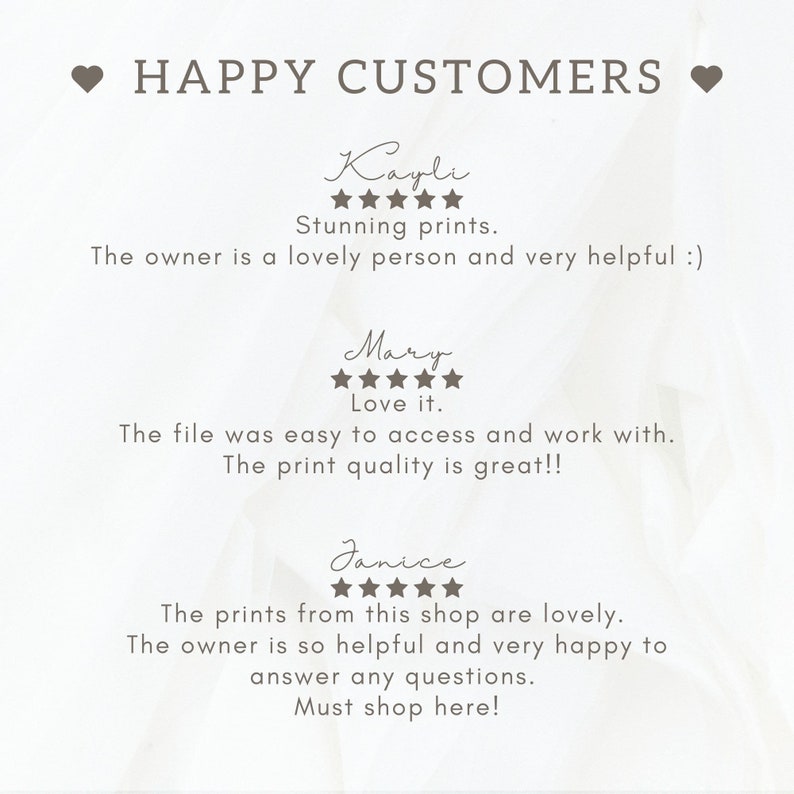 May include: A screenshot of customer reviews for an Etsy shop. The reviews are positive and include five-star ratings. The reviews highlight the quality of the products and the helpfulness of the shop owner.