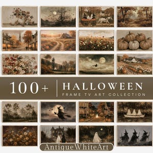 May include: A digital collection of 100+ Halloween-themed artworks for Frame TVs, featuring muted, vintage-style illustrations of pumpkins, ghosts, witches, moonlit landscapes, and autumn scenes, displayed in a grid of rectangular frames.