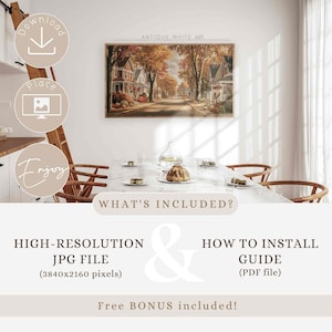 May include: An art print depicting a street scene with houses and trees in autumnal hues, labelled "ANTIQUE WHITE ART". The image hangs above a marble table set for a meal. Text includes "WHAT'S INCLUDED?" and details about the JPG file and installation guide.