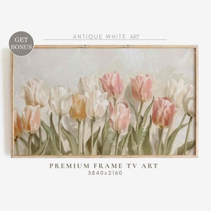 May include: A framed painting of a bouquet of pink and white tulips with green leaves. The painting is in a light wood frame and has a white background. The text "Antique White Art" is at the top of the image and the text "Premium Frame TV Art 3840x2160" is at the bottom.