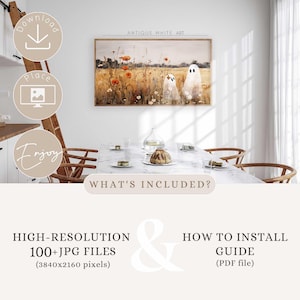May include: A rectangular wall art print featuring a field of orange poppies and wildflowers with two white ghost figures, one smaller with a bow, set in a wooden frame. The text reads ANTIQUE WHITE ART, WHAT'S INCLUDED, HIGH-RESOLUTION 100+JPG FILES, and HOW TO INSTALL GUIDE.