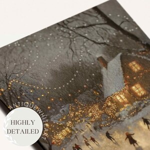May include: A snowy winter scene with a house lit up with twinkling lights. People are ice skating in front of the house. The image is a painting with a textured, brushstroke effect.