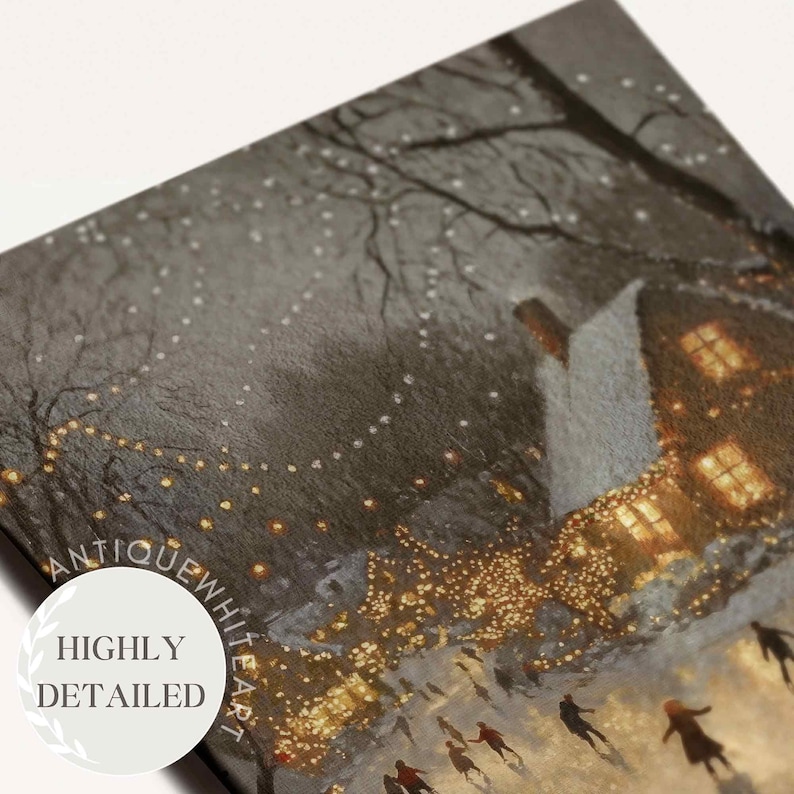 May include: A snowy winter scene with a house lit up with twinkling lights. People are ice skating in front of the house. The image is a painting with a textured, brushstroke effect.