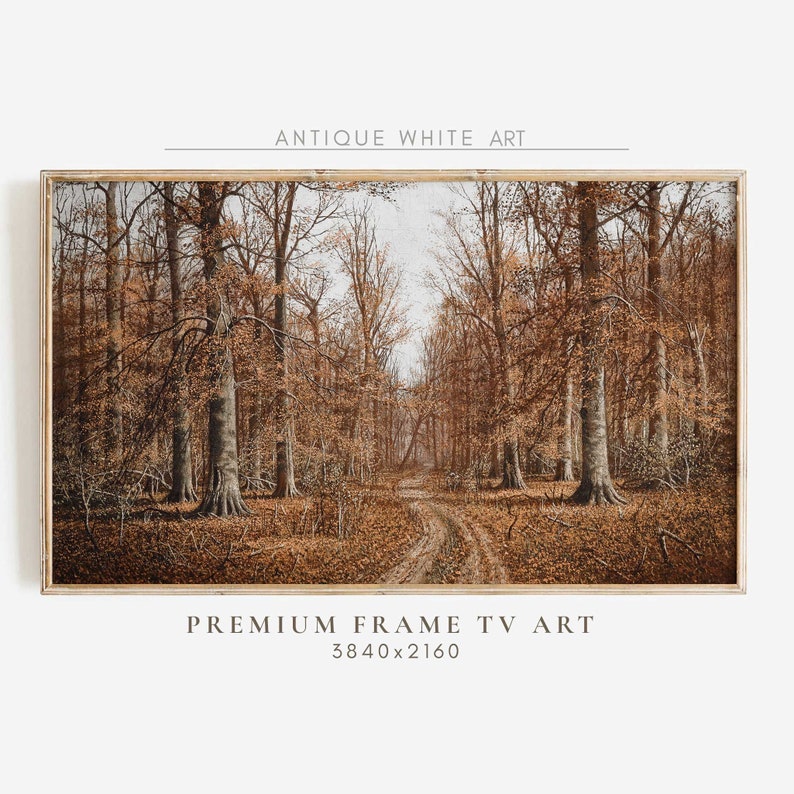 May include: A framed landscape print featuring a forest scene with a dirt path winding through the trees. The artwork has a vintage aesthetic, with the text "ANTIQUE WHITE ART" and "PREMIUM FRAME TV ART" at the top and bottom, respectively.