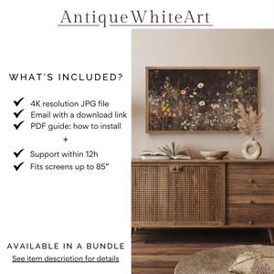 May include: A digital download of a 4K resolution JPG file featuring a floral print with a dark background. The image is displayed on a television screen in a living room setting. The text "What's Included?" and a list of features are visible on the left side of the image. The text "Available in a Bundle" is visible at the bottom of the image.
