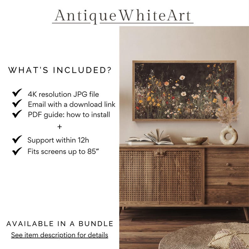 May include: A digital download of a 4K resolution JPG file featuring a floral print with a dark background. The image is displayed on a television screen in a living room setting. The text "What's Included?" and a list of features are visible on the left side of the image. The text "Available in a Bundle" is visible at the bottom of the image.