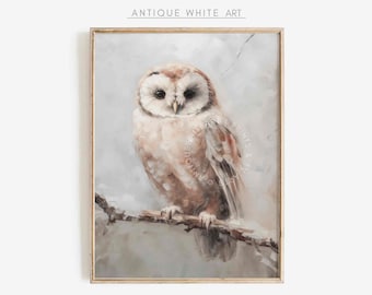 Vintage Farmhouse Christmas Print, Owl in Winter Painting, Printable Wall Art, Rustic Winter Scene, Country Christmas, Digital Download |W85