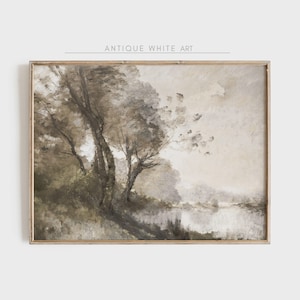 Vintage Muted Landscape Painting, Soft Tonal Print, Muted Neutral River, Neutral Green Tree Wall Art, PRINTABLE Digital Download | A118