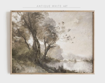 Puede incluir: Una pintura enmarcada que representa una escena de paisaje con árboles y un río. La pintura está realizada en tonos apagados de marrón, gris y blanco, lo que le da un aspecto antiguo.