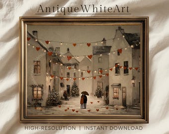 May include: A framed watercolor print of a European village street scene. The artwork features buildings, string lights with red hearts, and a couple under an umbrella. The text "Antique White Art" and "High-Resolution | Instant Download" are visible.