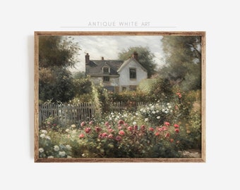 Printable Cottage Rose Garden, Vintage Oil Painting, Cottagecore Wall Art Decor, Farmhouse Print, Digital Download | A36