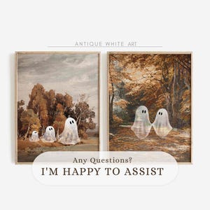 May include: Two antique-style framed prints with autumnal forest scenes. One print features a group of ghosts walking through a forest, while the other print shows two ghosts holding hands in a forest.