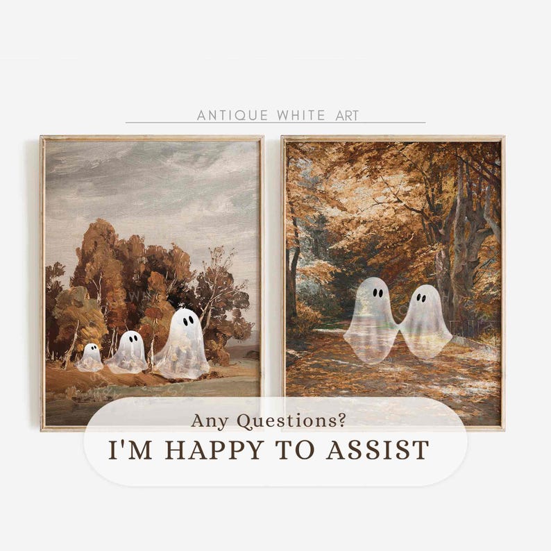 May include: Two antique-style framed prints with autumnal forest scenes. One print features a group of ghosts walking through a forest, while the other print shows two ghosts holding hands in a forest.