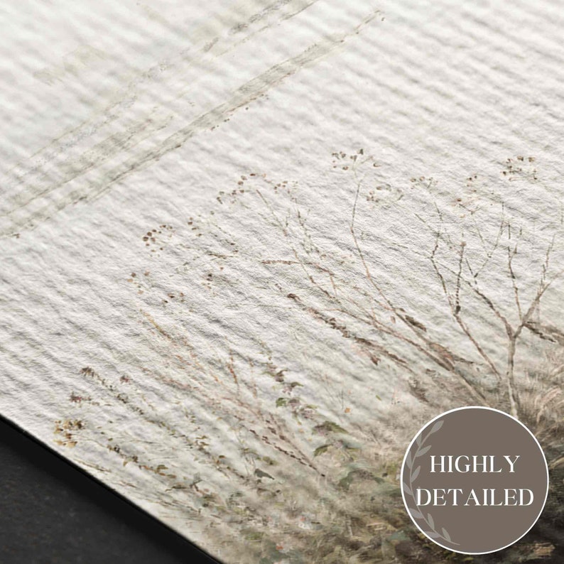 May include: A close-up of a textured, white paper with a delicate, brown, watercolor illustration of a field of tall grasses. The text "HIGHLY DETAILED" is printed in brown on a circular, brown label with a laurel wreath design.