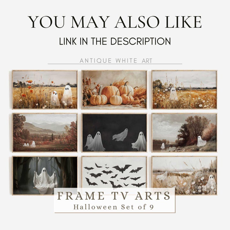 May include: A collection of nine framed art prints with a Halloween theme. The prints feature images of ghosts, pumpkins, and bats in various landscape settings. Text on the image reads "YOU MAY ALSO LIKE", "LINK IN THE DESCRIPTION", "ANTIQUE WHITE ART", "FRAME TV ARTS", and "Halloween Set of 9".