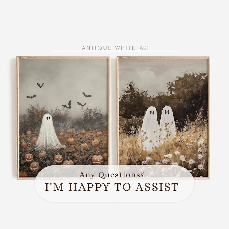 May include: Two framed art prints titled Antique White Art. The left print shows a white ghost in a pumpkin patch with bats in a grey sky. The right print features two white ghosts standing in a field of tall grass and white flowers.