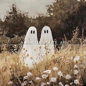 May include: An oil painting featuring two white ghost figures standing in a field of tall, golden-brown wildflowers and grasses. The background shows dark, textured trees under a muted sky. The text "ANTIQUE WHITE ART" is centered.