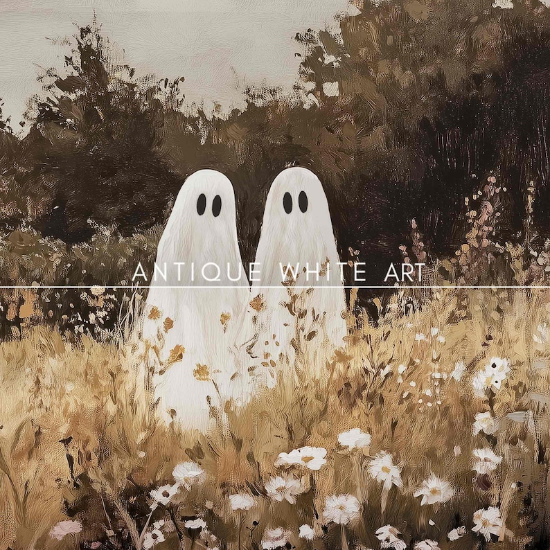 May include: An oil painting featuring two white ghost figures standing in a field of tall, golden-brown wildflowers and grasses. The background shows dark, textured trees under a muted sky. The text "ANTIQUE WHITE ART" is centered.