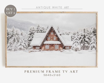 Christmas Frame TV Art, House in Snowy Forest, Farmhouse Winter Samsung Frame TV Art, Digital Download, Art for Tv, Holiday Decor | TV124