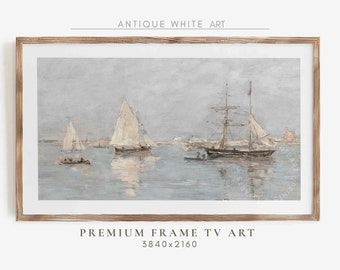 Vintage Coastal Samsung Frame TV Art, Neutral Sailboat Seascape, Lake House Frame TV Art, Antique Painting for TV, Digital Download | TV383