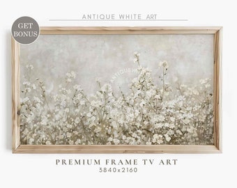 Art mural pour téléviseur Samsung Frame, fleurs neutres, fleurs d'été blanches, fleurs sauvages printanières à la campagne, oeuvre d'art pour télévision à la ferme, téléchargement numérique | TV393