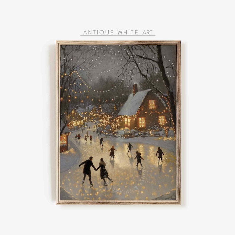 May include: A painting of a winter scene with a small house and people ice skating on a frozen pond. The house is decorated with Christmas lights and there are trees in the background. The painting is done in a realistic style and has a warm, inviting feel.