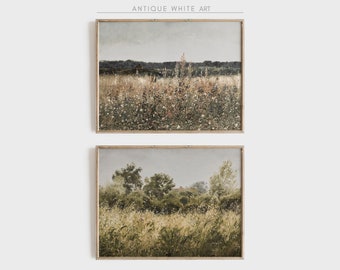 Conjunto de 2 pôsteres para imprimir, paisagem de campo de flores silvestres, pintura campestre vintage, impressão de arte de paisagem antiga, download digital | S09