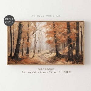May include: An antique-style framed art print depicting a forest scene in autumn. The artwork features a path leading into the distance, surrounded by trees with orange and brown foliage. The text "ANTIQUE WHITE ART" is visible.