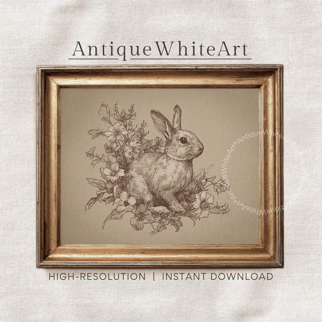 Rustic Print Rabbit Printable Vintage Rabbit With Flowers Wall Art, Rustic Farmhouse Decor ...