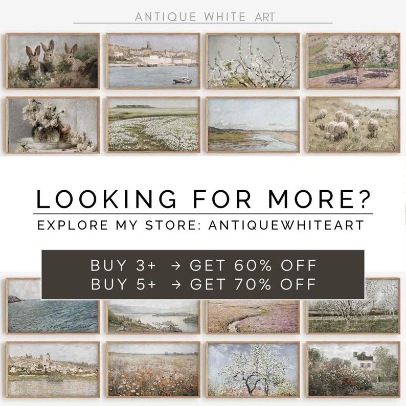 May include: A collection of framed antique art prints. The prints feature various landscape and nature scenes, including rabbits, coastal views, and floral arrangements. The text "ANTIQUE WHITE ART" and "EXPLORE MY STORE: ANTIQUEWHITEART" are visible.