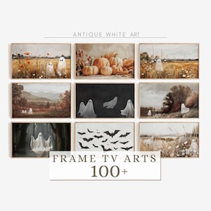May include: A collection of nine rectangular digital art prints for televisions featuring ghosts, pumpkins, and bats in various landscapes. The text "ANTIQUE WHITE ART" and "FRAME TV ARTS 100+" is visible on the display, showcasing seasonal themes.
