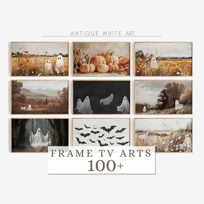 May include: A collection of nine rectangular digital art prints for televisions featuring ghosts, pumpkins, and bats in various landscapes. The text "ANTIQUE WHITE ART" and "FRAME TV ARTS 100+" is visible on the display, showcasing seasonal themes.