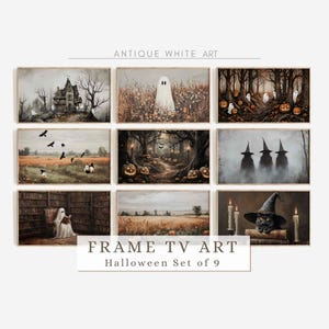 May include: A set of nine framed Halloween-themed TV art prints. The prints feature spooky scenes with ghosts, haunted houses, witches, pumpkins, and a black cat wearing a witch hat. The text on the image reads "ANTIQUE WHITE ART" and "FRAME TV ART Halloween Set of 9".
