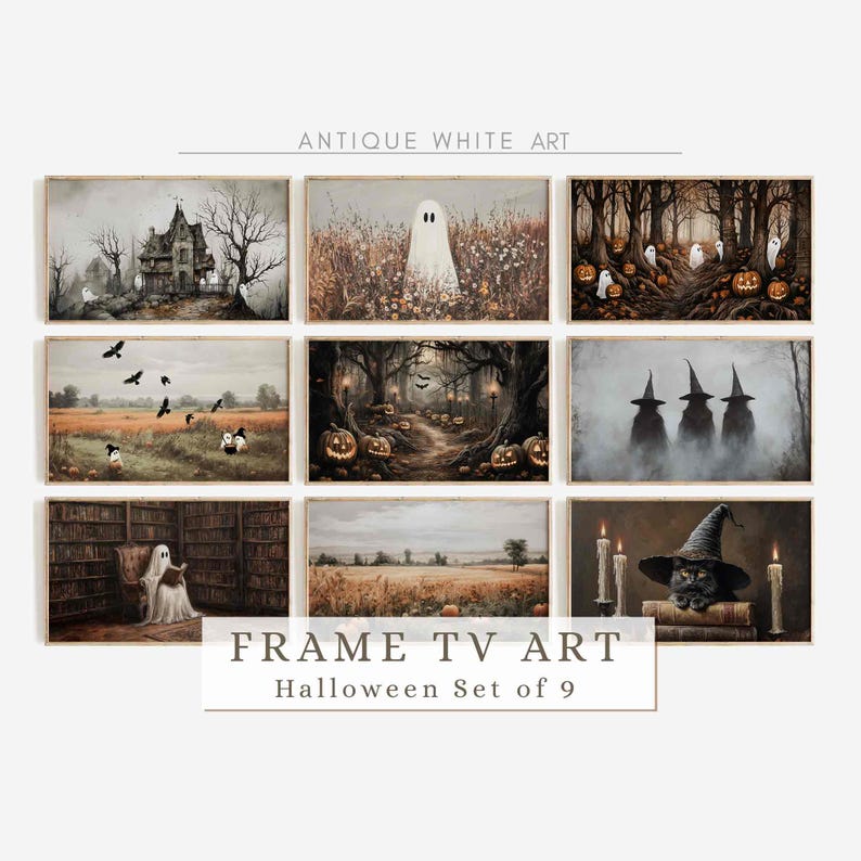 May include: A set of nine framed Halloween-themed TV art prints. The prints feature spooky scenes with ghosts, haunted houses, witches, pumpkins, and a black cat wearing a witch hat. The text on the image reads "ANTIQUE WHITE ART" and "FRAME TV ART Halloween Set of 9".