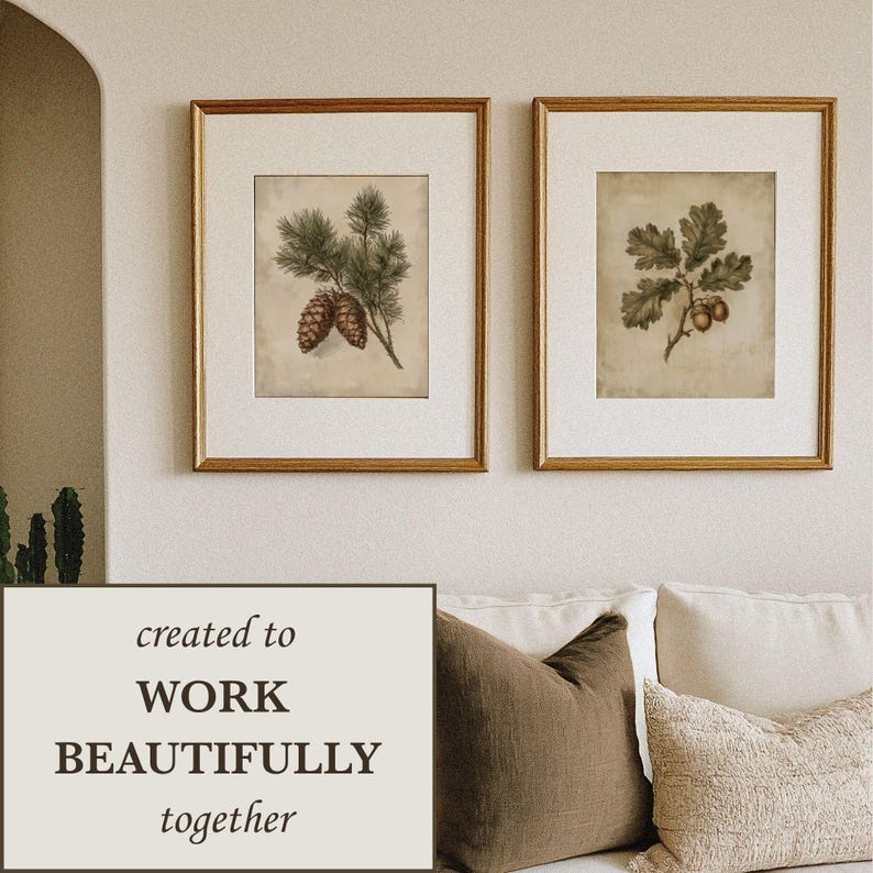May include: Two framed wall art prints featuring botanical illustrations. The left print depicts a pine branch with two brown cones. The right print shows an oak branch with green leaves and two brown acorns. Both are in light wood frames.
