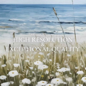 May include: An oil painting depicts a serene coastal scene. White daisies and tall grasses fill the foreground, with a sandy beach and the ocean in the background. The text "HIGH RESOLUTION & EXCEPTIONAL QUALITY" is overlaid on the image.