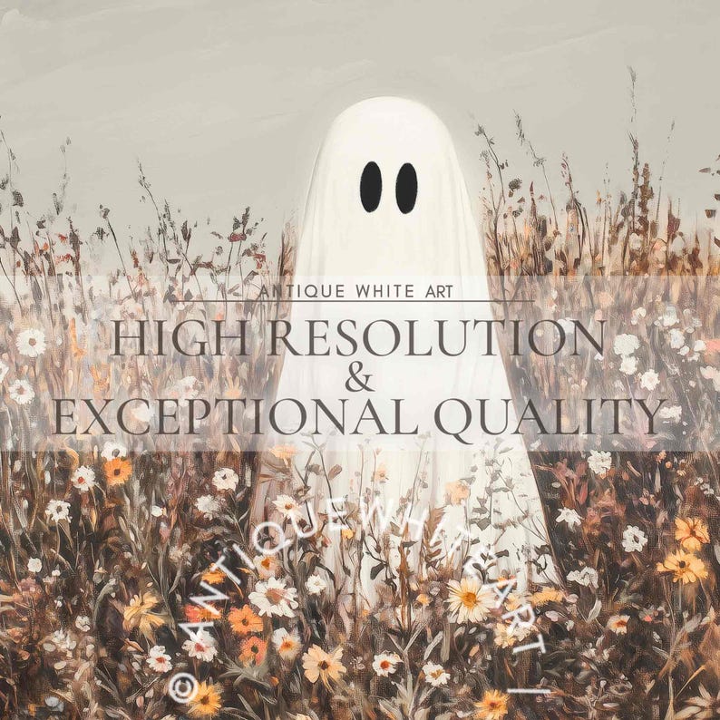 May include: A whimsical illustration of a ghost figure in a white sheet with black oval eyes, standing in a field of wildflowers. The image has text that reads "Antique White Art" and "High Resolution & Exceptional Quality". The color palette is soft and muted.