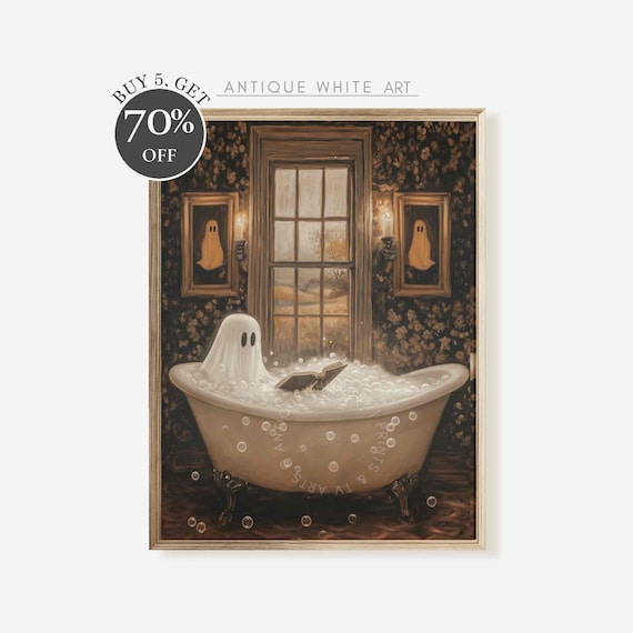 Halloween Bathroom Print, Ghost in Bathtub Wall Art, Halloween Bathroom Decor, Ghost Painting, Spooky Halloween Decor, Instant Download A349