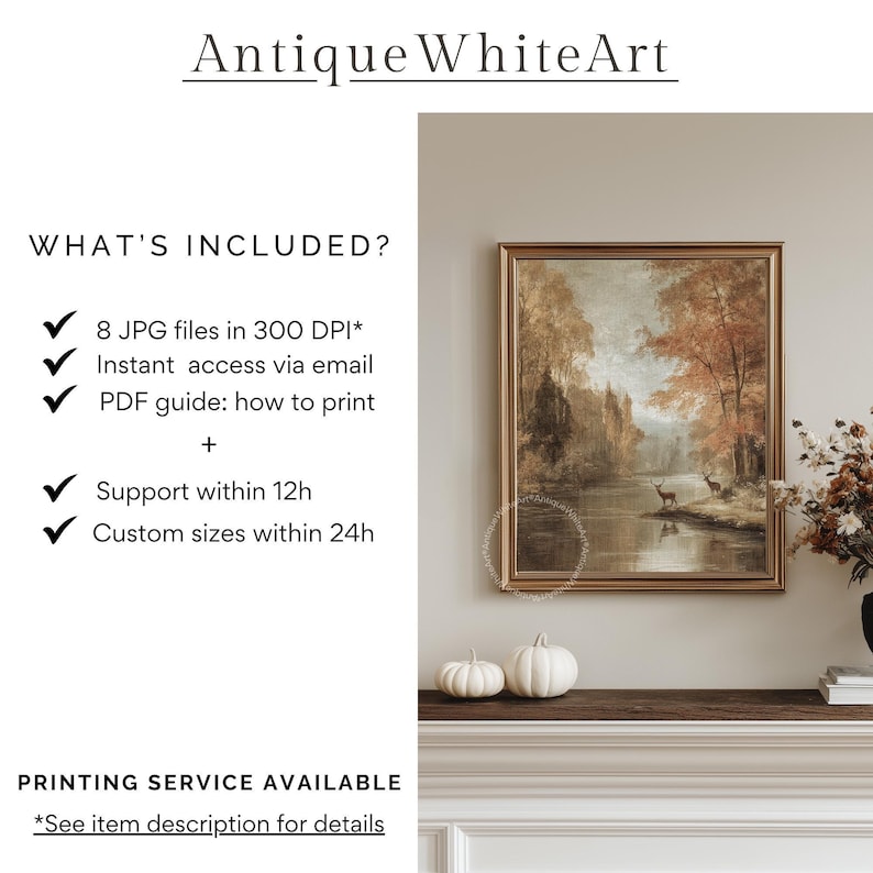 Printable Fall Wall Art, Fall Landscape Print, Deer Painting, Neutral Fall Decor, Seasonal Decor, Autumn Wall Art, Digital Download | A469 image 2