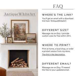 May include: A display of framed art prints on a white mantel, with the text "Antique WhiteArt" at the top left. The FAQ section on the right provides information about the link, sizes, printing, and email updates.